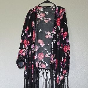 torrid Black Floral Fringe Open Cardigan with Pink & Red Blooms